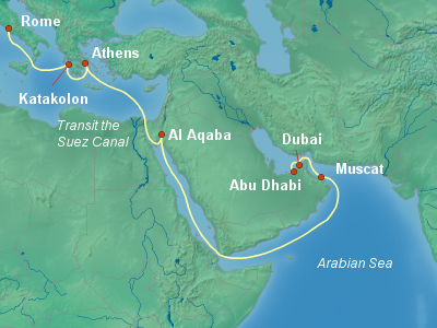 Asia, Africa, Middle East Cruise Itinerary Map