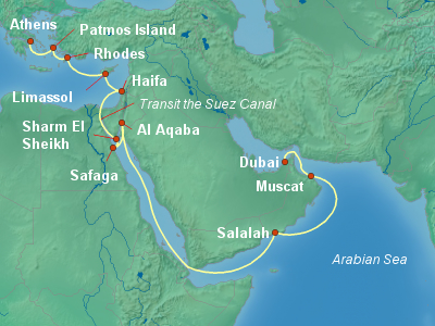 Asia, Africa, Middle East Cruise Itinerary Map