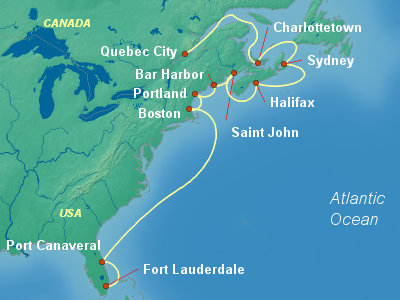 United States, Canada Eastern Cruise Itinerary Map